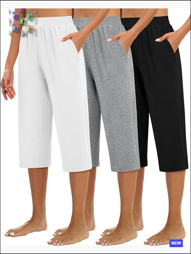 3 Pack Women's Capri Sweatpants Wide Leg Cropped With Pockets Lounge Jogger